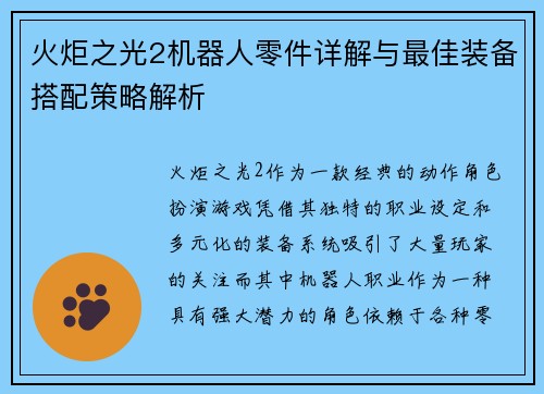 火炬之光2机器人零件详解与最佳装备搭配策略解析